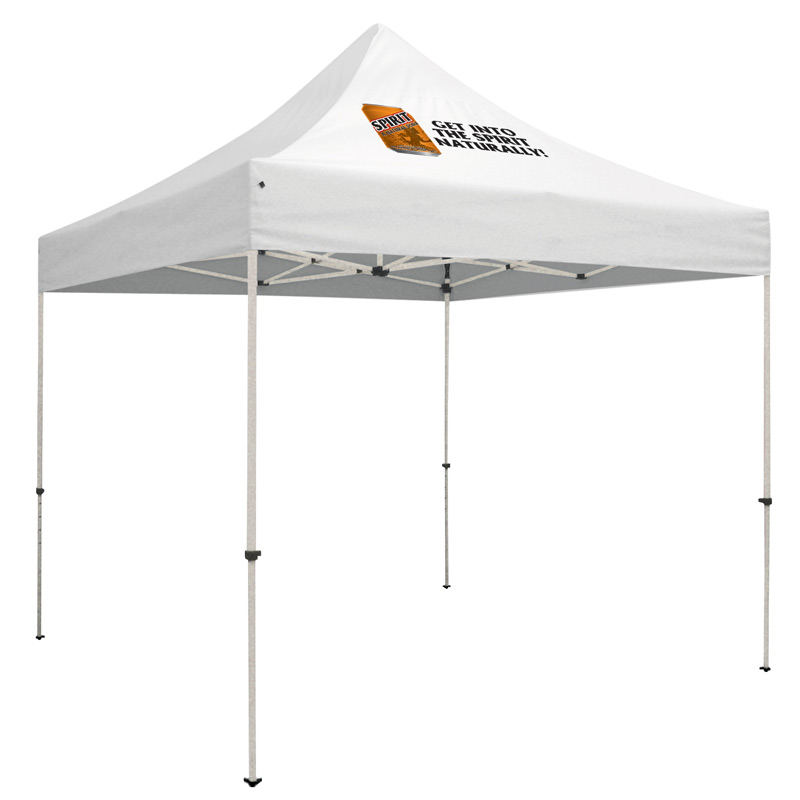 Premium Steel 10 x 10 Event Tent Kit (Full-Color Thermal Imprint, 1 Location)Soft Case with Wheels and Stake Kit is incl