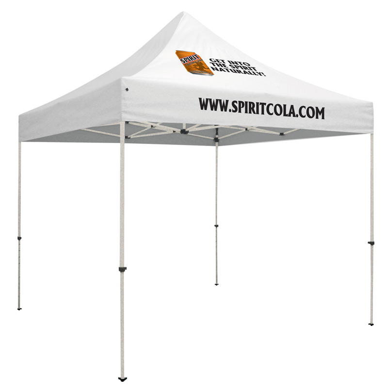 Premium Steel 10 x 10 Event Tent Kit (Full-Color Thermal Imprint, 2 Locations)Soft Case with Wheels and Stake Kit is inc