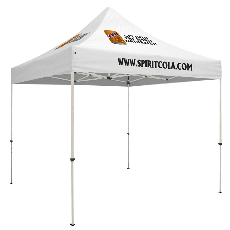 Premium Steel 10 x 10 Event Tent Kit (Full-Color Thermal Imprint, 3 Locations)Soft Case with Wheels and Stake Kit is inc